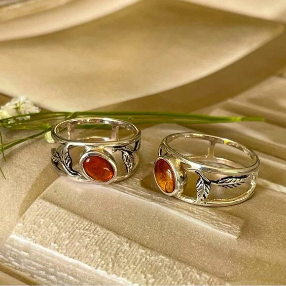 925 Sterling Silver Ring!!pretty folliage Band with Natural carnelian! Us: 7,8,9 - Picture 7 of 15
